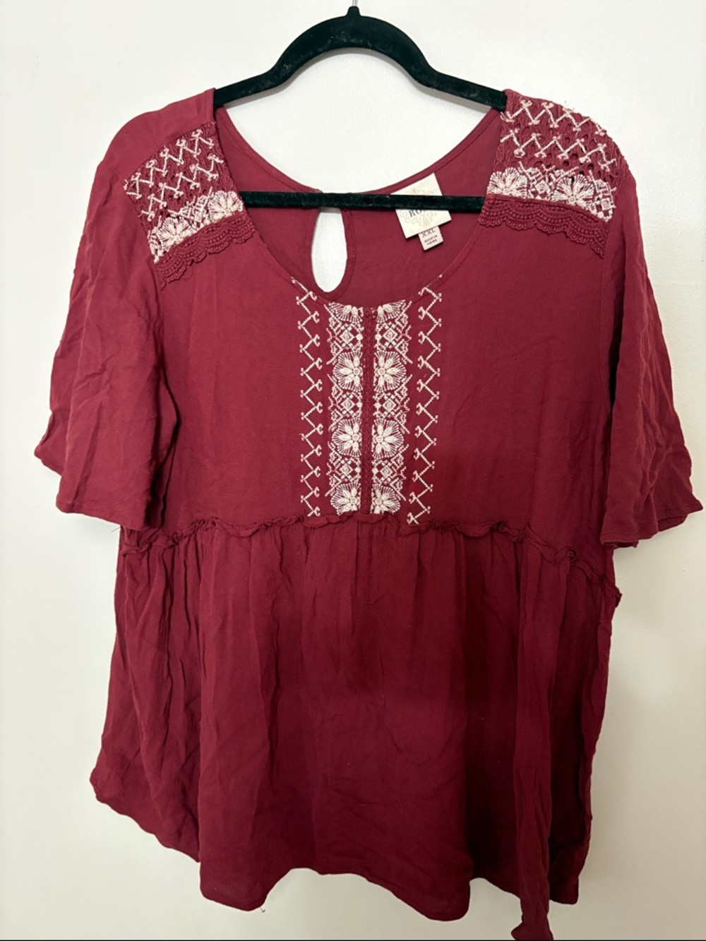 Knox Rose Wine Red Embroidered Peasant Tunic